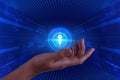 Concept of keywords research and technology. Woman demonstrating digital key on blue background, closeup