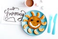 Concept kid breakfast with pancake top view on white background