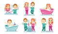 Concept Of Kids Dental Health and Personal Hygiene. Happy Children Clean Teeth, Wash Hands And Face. Taking Care Of Hair