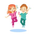 Concept Of Kids Personal Hygiene. Happy Cheerful Children Boy And Girl Wash Hands Together With Soap In Bathroom