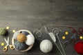 Concept of knitting with yarn balls on gray wooden table Royalty Free Stock Photo