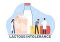 Concept of lactose intolerance, man feels unpleasant sensations in stomach and consults doctor. Huge bottle of milk and