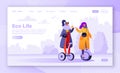 Concept of landing page on ecology and autumn outdoor theme. Flat design characters of women riding modern electric scooter