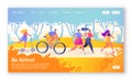 Concept of landing page on healthy lifestyle theme. Active people sports. Happy characters riding bicycle, couplerunning, woman on