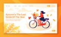 Concept of landing page on healthy lifestyle theme, autumn outdoor. Happy woman character riding bicycle with autumn leaves in fro