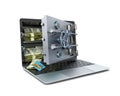 A concept of laptop with an opened safe door instead of screen and with money in a storage behind the door,