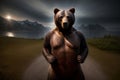 A Large Brown Bear Standing On Top Of A Dirt Road. Generative AI