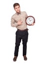 Concept for lateness, man with clock Royalty Free Stock Photo