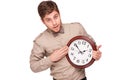 Concept for lateness, man with clock Royalty Free Stock Photo