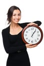 Concept for lateness, woman with clock Royalty Free Stock Photo