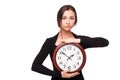 Concept for lateness, woman with clock Royalty Free Stock Photo