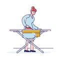 Concept Of Laundry And Housework. Female Character Is Ironing Clothes And Things On The Ironing Board Royalty Free Stock Photo