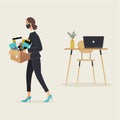 Concept of layoffs due to the virus pandemic. Young woman in protective mask leave workplace carrying cardboard box with