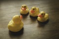 Concept of leader and follower. Selective focus of a small toy duck and big duck having some discussion on wooden background