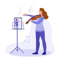 The concept of learning to play the violin online. Girl playing violin and watching a lesson on a tablet.Vector illustration in Royalty Free Stock Photo