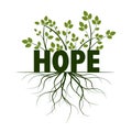 Hope, text and idea. Concept with Leaves and Roots. Vector Illustration