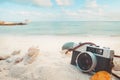 The concept of leisure travel in the summer on a tropical beach seaside. Royalty Free Stock Photo