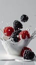 The concept of levitating fruits and berries. Juicy fresh berries of ripe raspberries and blackberries flying with a Royalty Free Stock Photo