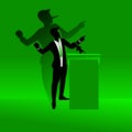 Concept of liar, man on a podium giving speech with his long nose shadow Royalty Free Stock Photo