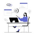 Concept of link building, SEO or search engine optimization, hyperlink. Woman with browser windows and external link.