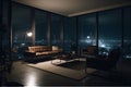 Living room night city view out of glass windows, modern design apartment interior with furniture. Generative AI Royalty Free Stock Photo