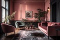 Living room in pink with velvet sofa. Generative AI Royalty Free Stock Photo