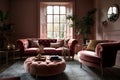 Living room in pink with velvet sofa. Generative AI Royalty Free Stock Photo