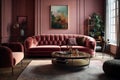 Living room in pink with velvet sofa. Generative AI Royalty Free Stock Photo