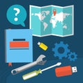 The concept of location settings. Questions and answers on the flash memory a notebook. World map.