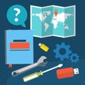 The concept of location settings. Questions and answers on the flash memory a notebook. World map. Vector