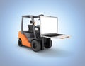 Concept logistics of loading and delivery The forklift lifts the laptop with empty screen isolated on blue gradient background 3d Royalty Free Stock Photo