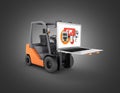 Concept logistics of loading and delivery The forklift lifts the laptop isolated on black gradient background 3d Royalty Free Stock Photo