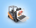 Concept logistics of loading and delivery The forklift lifts the laptop isolated on blue background 3d Royalty Free Stock Photo