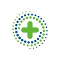 Concept logo of pharmacy healthcare isolated vector illustration. Abstract green cross in center dotted spiral