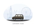 Concept of London taxi cab with blue skyline background. Banner design for travel or business. Flat vector illustration. Royalty Free Stock Photo