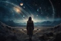 A lonely beautiful modern dressed woman standing in front of an impressive planet, scifi galaxy themed, technology. Generative AI