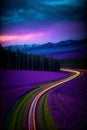 A Long Exposure Photo Of A Road In The Middle Of A Field. Generative AI