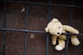 Concept: lost childhood, loneliness, pain and depression. Dirty teddy bear lying down outdoors