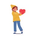 Concept Love, Charity, Gratitude, Donation. Little Boy Character Holding Big Red Heart in Hands. Happy Child with Heart Royalty Free Stock Photo