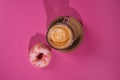 The concept of love for donuts espresso coffee. Creative colorful donuts on pastel pink background. Minimal food concept