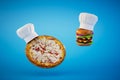 the concept of love for fast food. pizza and a burger in chef's hats on a blue background. 3D render