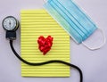 concept love medical blue mask with notepad and manual blood pressure reader and a ribbon heart representing love for doctors