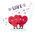 The concept of love. Two lovely hearts hugging. Vector romantic card for the recognition of your feelings. Valentine`s Day