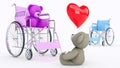 Concept of love. Two teddy bears in wheelchair with red heart Royalty Free Stock Photo