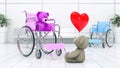 Concept of love. Two teddy bears in wheelchair with red heart Royalty Free Stock Photo