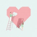 Concept love is work . Couple in love build relationships. Cute guy and girl on the background of brick heart. Vector