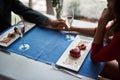 Beloved man and woman having date in restaurant Royalty Free Stock Photo