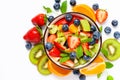Concept of low calories delicious dessert. Summer fresh bowl with colorful fruit salad. Healthy natural organic food. White Royalty Free Stock Photo
