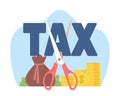 Concept of lowering taxes, reducing payments. Business finance, lower tax bill. Reduction strategy, government policy in