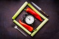 Concept lunch time of fresh vegetables on background. Breakfast time concept. Healthy vegetarian morning food Royalty Free Stock Photo